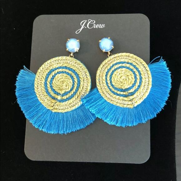 J.Crew Rare Rope Fan Earrings Prussian Blue Gold $65 NWT - Picture 3 of 7